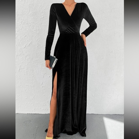 Luxe slit thigh long sleeve party formal evening prom wedding gown dress - Picture 8 of 16